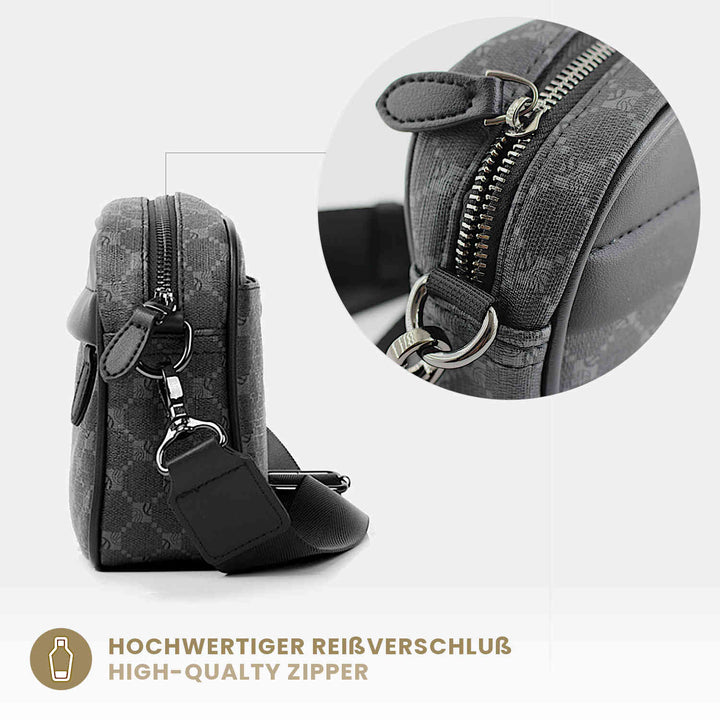 Detailansicht eines hochwertigen Reißverschlusses an einer luxuriösen Handtasche für Herren im eleganten Damier Muster