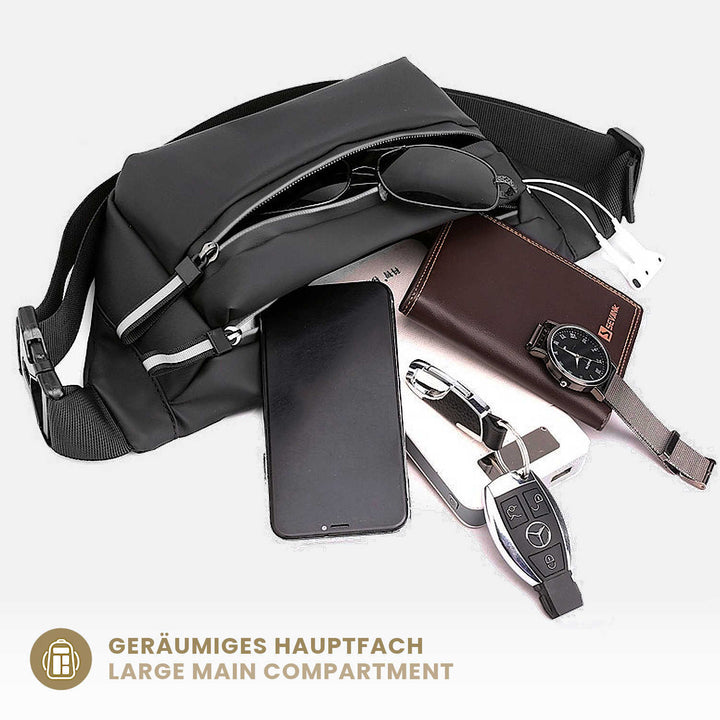 Wetterfeste schwarze Brusttasche für Damen und Herren mit viel Platz für Inhalt