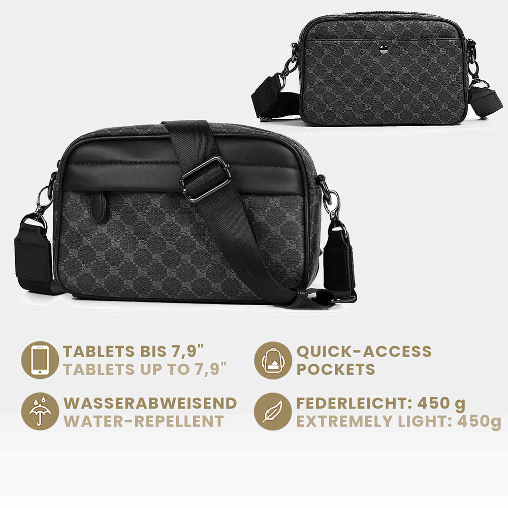 Elegante Handtasche für Herren mit grauem Damier-Muster und breitem Gurt