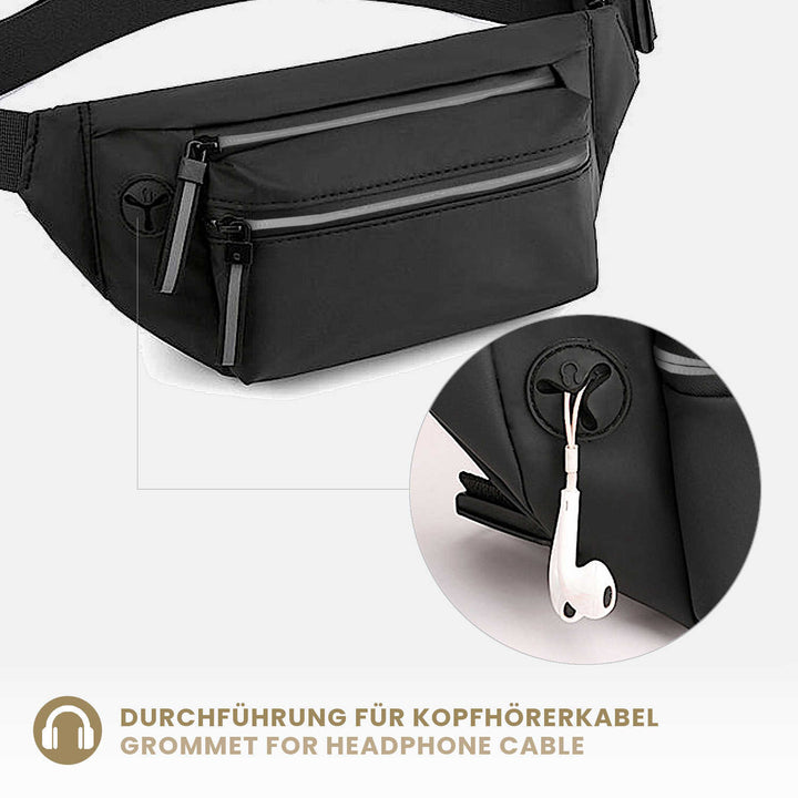 Regenfeste schwarze Gürteltasche für Damen und Herren mit Durchführung für Kopfhörer