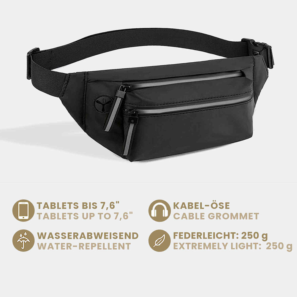 Regenfeste schwarze Gürteltasche für Damen und Herren mit Eigenschaften