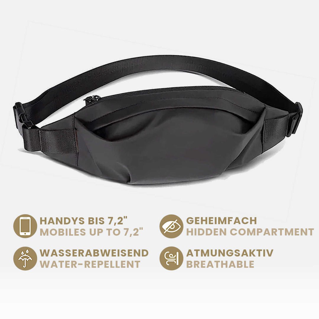 Regenfeste schwarze Sling Bag für Damen und Herren mit Eignschaften