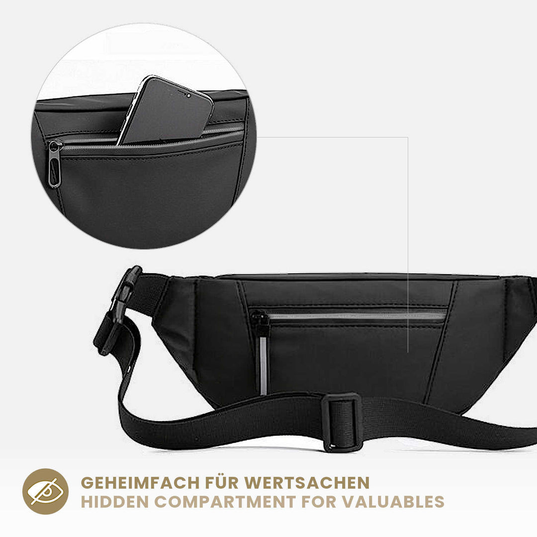 Schwarze Bauchtasche für Damen und Herren mit Geheimfach für Handy