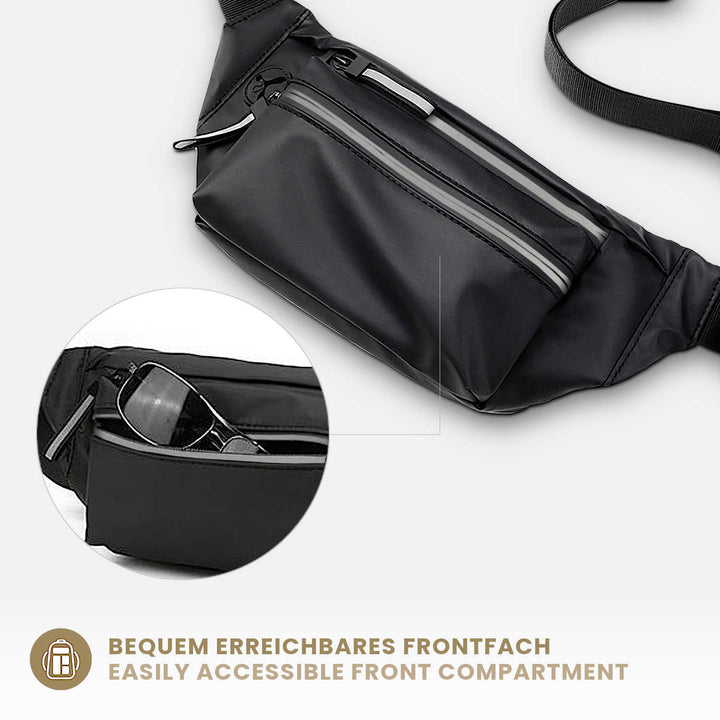 Schwarze Gürteltasche für Damen und Herren mit wasserdichter Oberfläche und Sonnenbrille