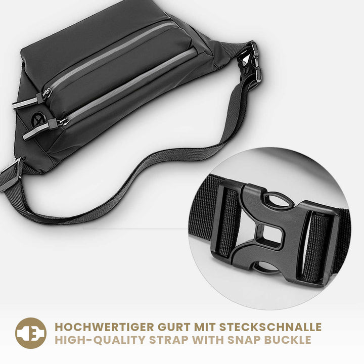 Schwarze wasserdichte Bauchtasche mit breitem Gurt für Damen und Herren