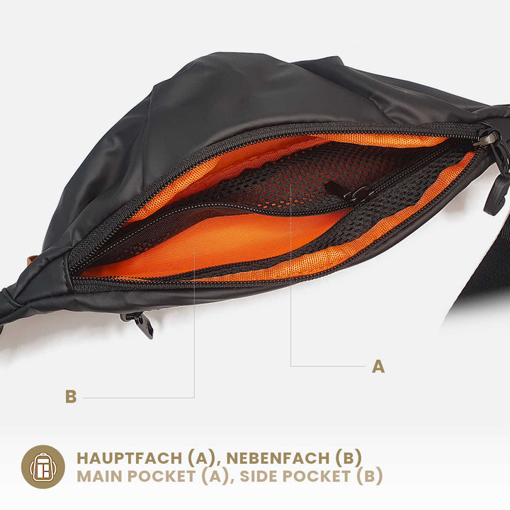 Schwarze wasserdichte Sling Bag für Damen und Herren mit großen Taschen